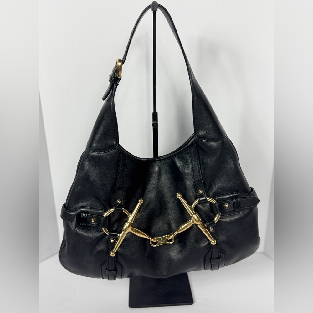 GUCCI Vintage BLACK LEATHER 85TH ANNIVERSARY GG MONOGRAM HOBO BAG